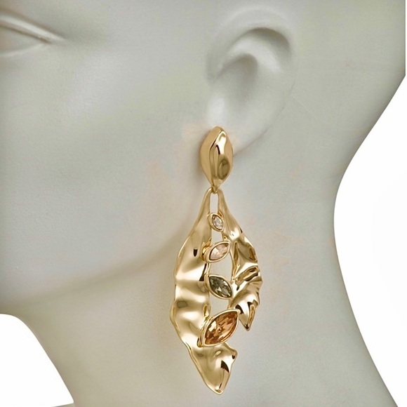 ALEXIS BITTAR Crumpled Metal Navette Drop Earrings with Swarovski Crystal Gems - Picture 3 of 7